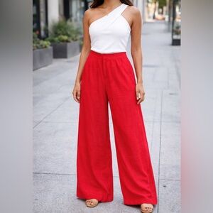 ZARA Ultra High Waist Wide Leg Pants Trousers Red Scarlet Bright XS
